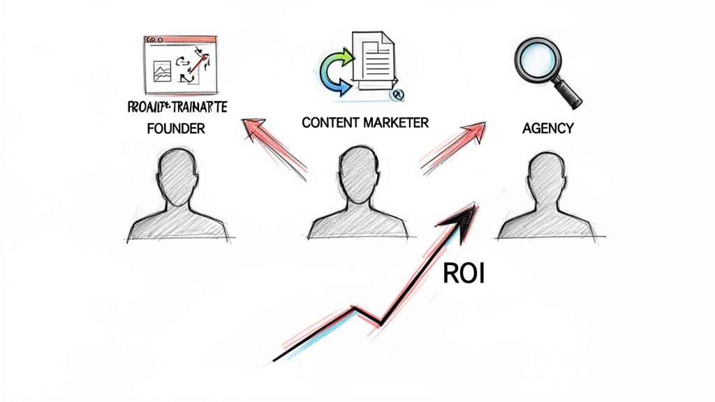 Illustration of a founder, content marketer, and agency collaborating to drive ROI.
