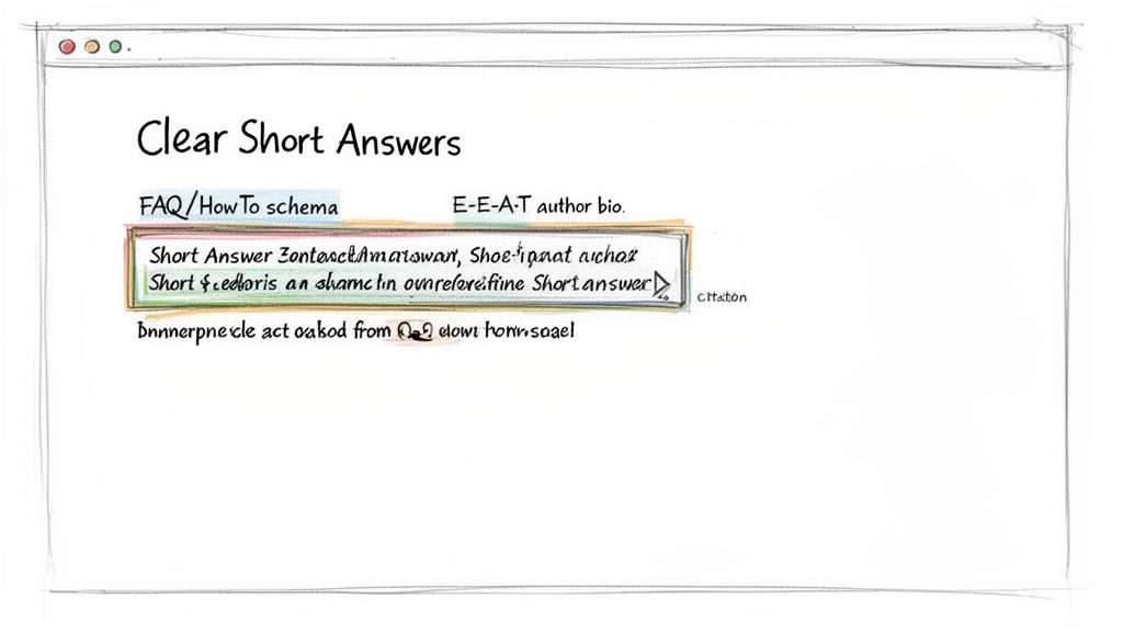 Sketched browser window explaining how to provide clear short answers for SEO, featuring FAQ schema and E-E-A-T author bio.