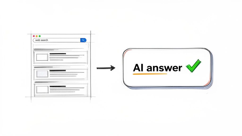 Illustration of a web search query leading to a verified AI-generated answer.