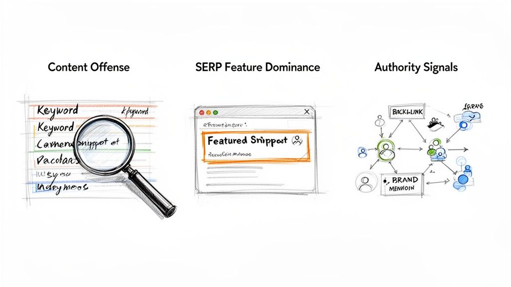 Sketches illustrating SEO concepts including content offense, SERP featured snippet dominance, and authority signals like backlinks.