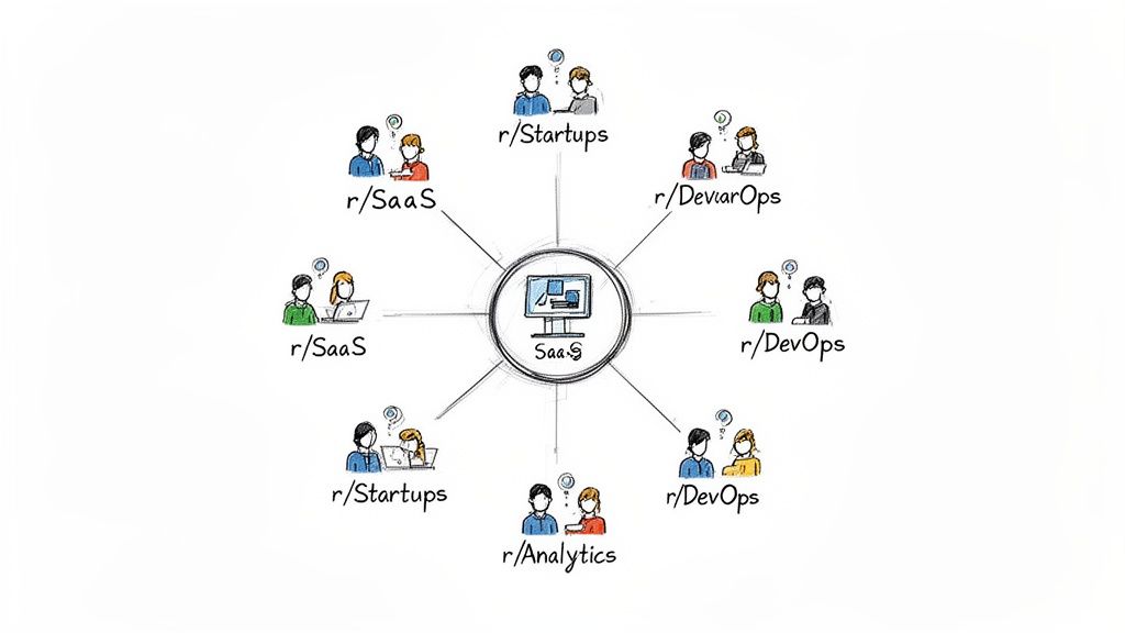 A diagram illustrates a central SaaS platform connected to various Reddit communities and their users.