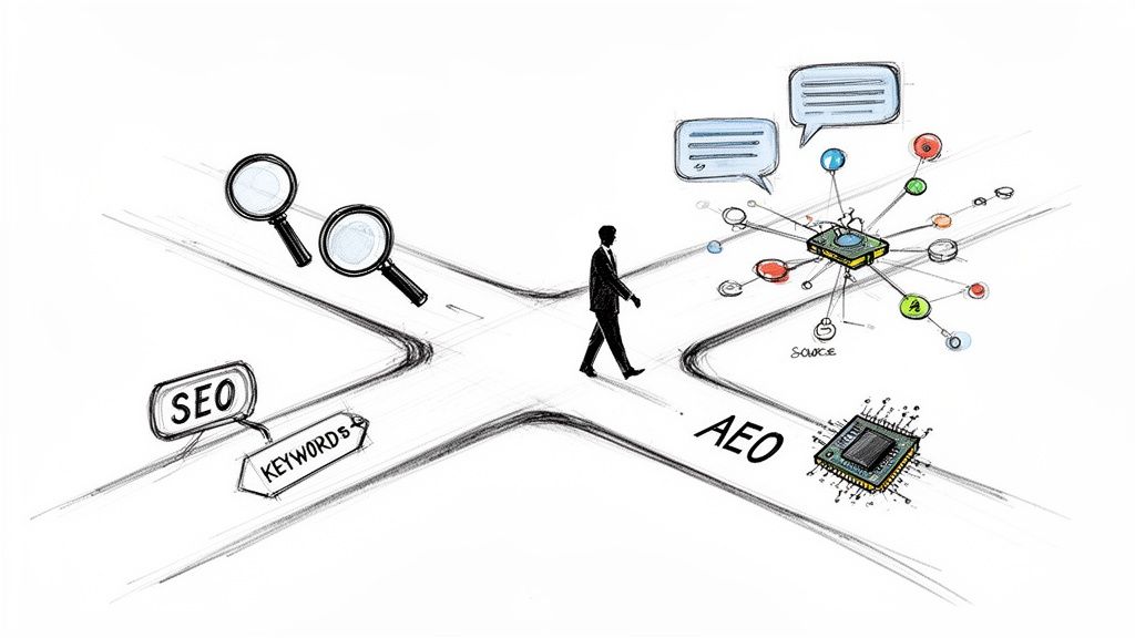 Businessman at a crossroads deciding between traditional SEO with keywords and modern AEO with data.