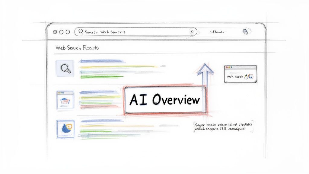 A hand-drawn sketch of a web browser showing search results with a highlighted 'AI Overview' section.