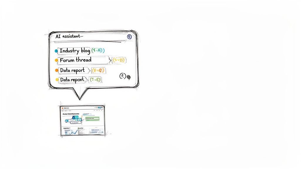AI assistant displaying industry blog, forum thread, and data report sources, with a related dashboard.