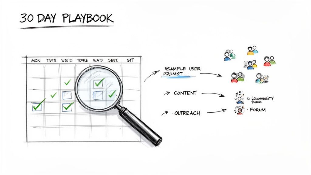 A hand-drawn visual outlining a 30-day playbook with a calendar, sample user prompts, content, and outreach strategies.