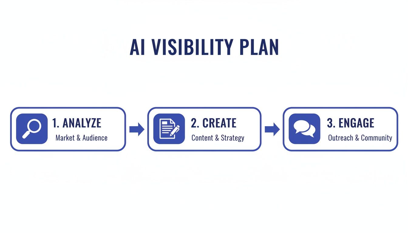 A three-step AI visibility plan flowchart showing analyze, create, and engage stages.
