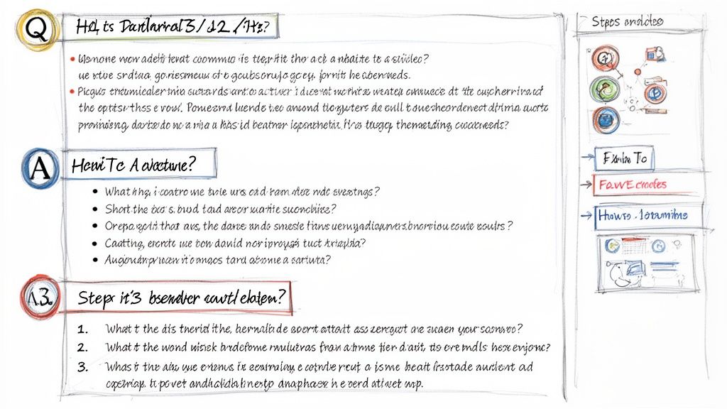 A handwritten sketch outlining content with questions, answers, and a sidebar for navigation.