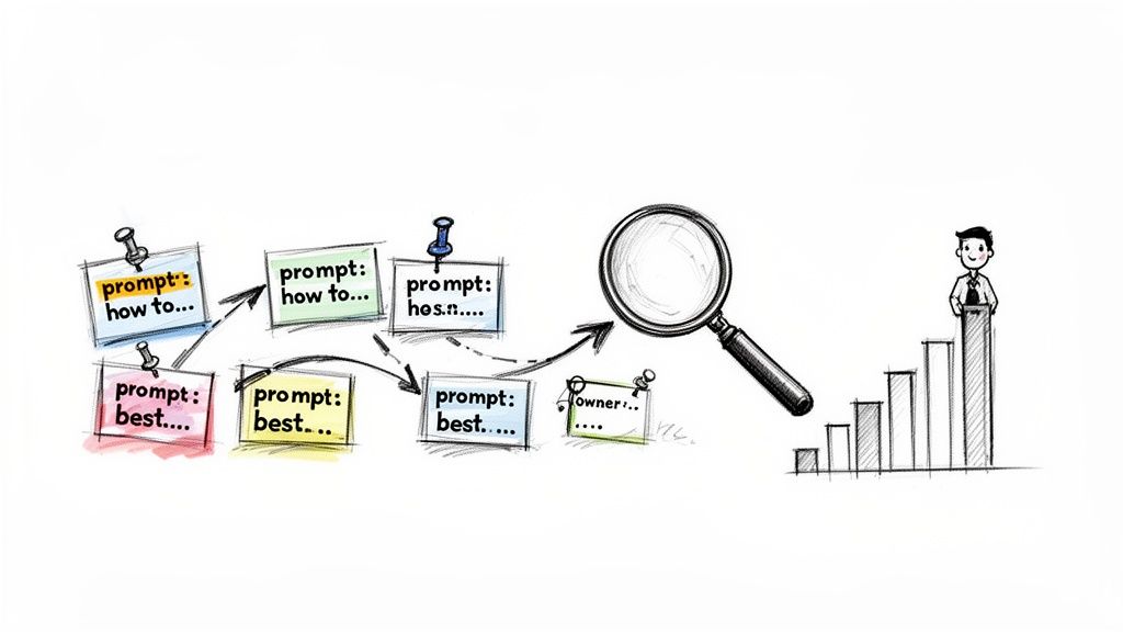 Workflow of refining AI prompts on sticky notes, leading to content optimization and business growth.