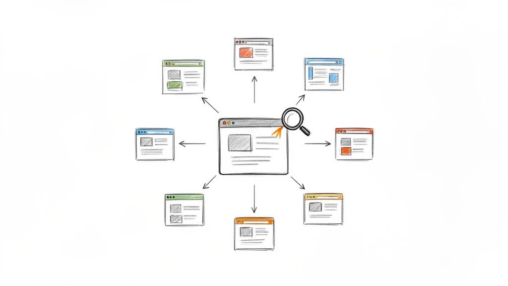 A central webpage with a magnifying glass linking to several other surrounding webpages in a network diagram.