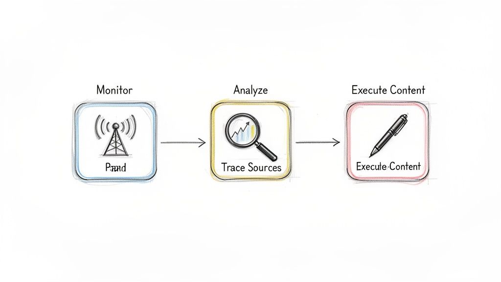 Flowchart showing a three-step process: monitor, analyze sources, and execute content with icons.
