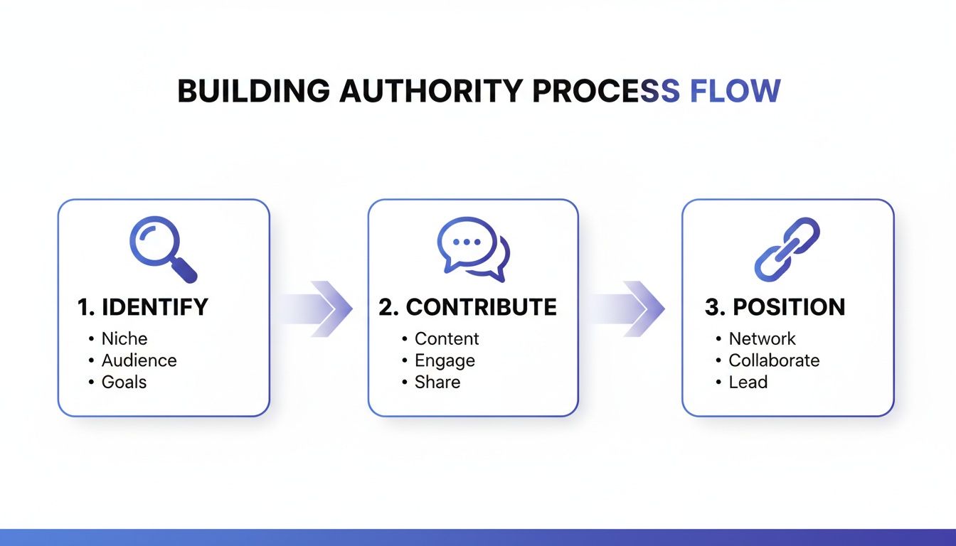 A three-step flow chart illustrating the process of building authority: Identify, Contribute, Position.