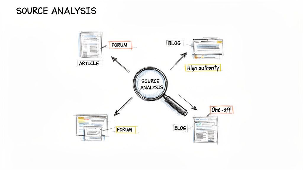 Illustration of source analysis, examining articles, forums, and blogs, noting high authority and one-off sources.