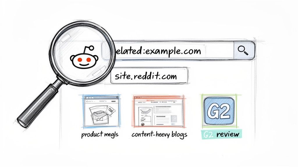 Magnifying glass over Reddit logo and search bar with 'related:example.com' for competitor website research.