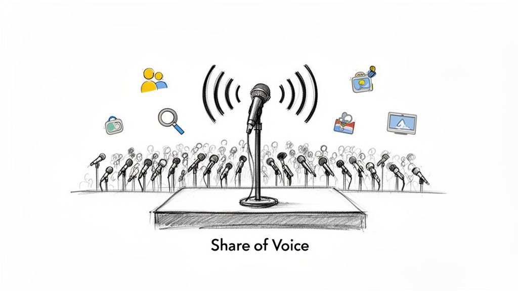 Illustration of 'Share of Voice' with a large microphone emitting waves, surrounded by smaller mics and marketing icons.