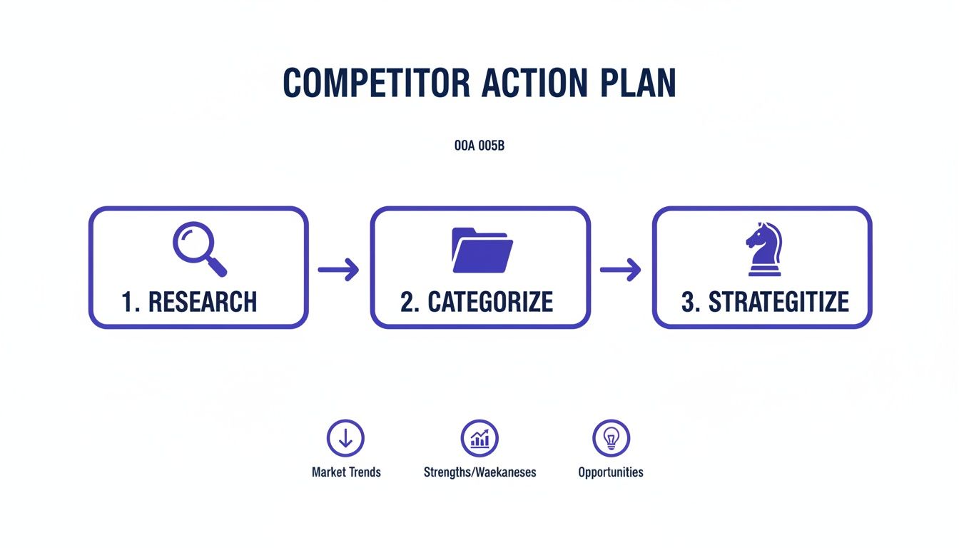 A competitor action plan outlines steps for research, categorization, and strategizing, considering market trends, strengths, weaknesses, and opportunities.