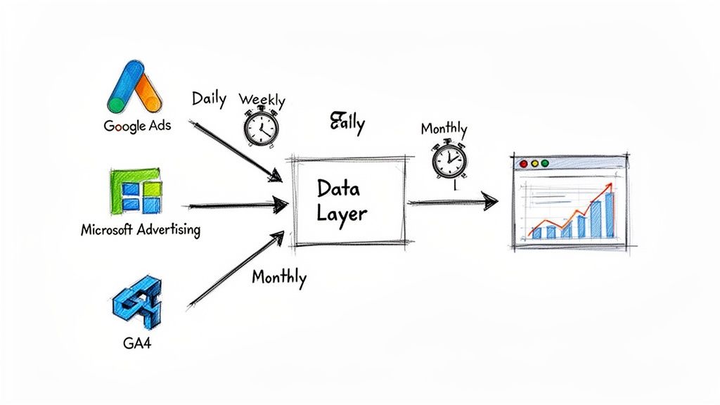 Diagram illustrating data integration from Google Ads, Microsoft Advertising, and GA4 into a data layer for analytics.