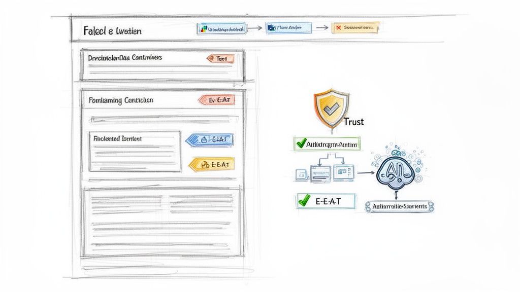 A hand-drawn sketch illustrating web page content, trust signals, E-E-A-T principles, and AI integration for authoritativeness.