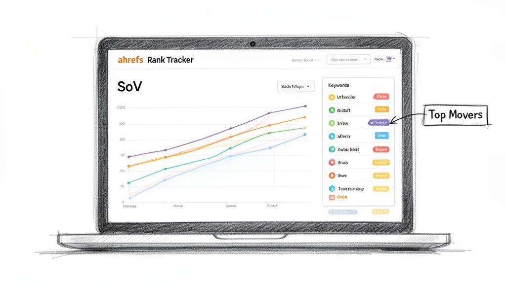 Ahrefs Rank Tracker dashboard on a laptop, showing a Share of Voice graph and top keywords.