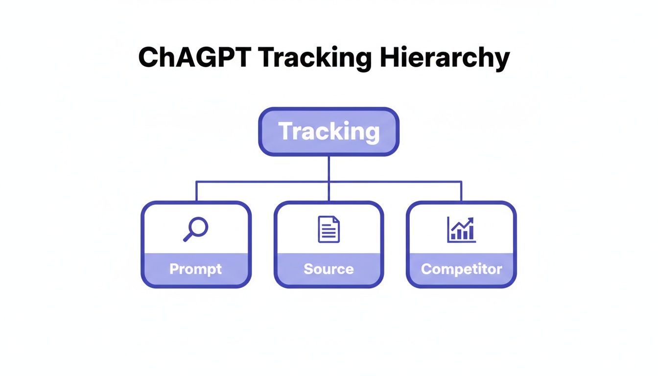 ChAGPT tracking hierarchy diagram outlining prompt, source, and competitor categories.