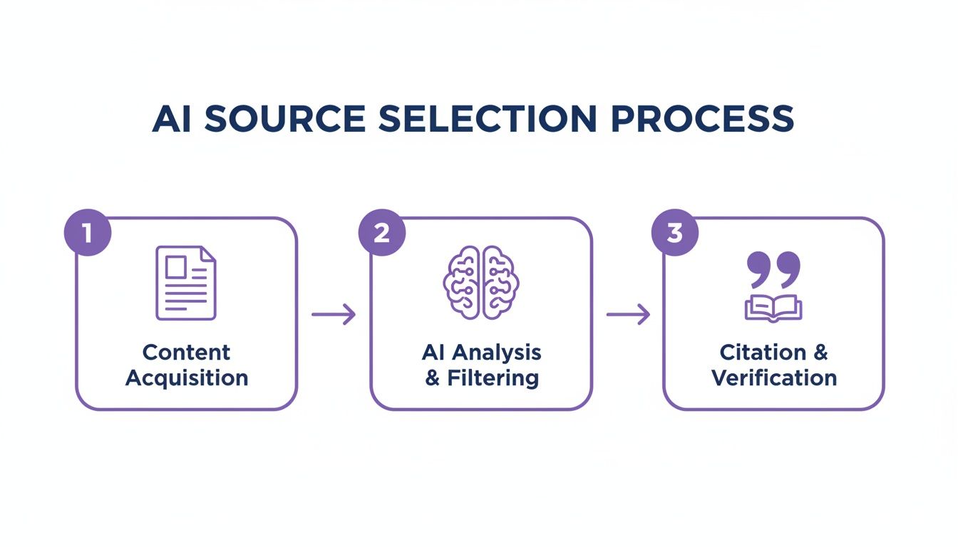 Diagram showing the AI source selection process in three steps: content acquisition, AI analysis, and citation.