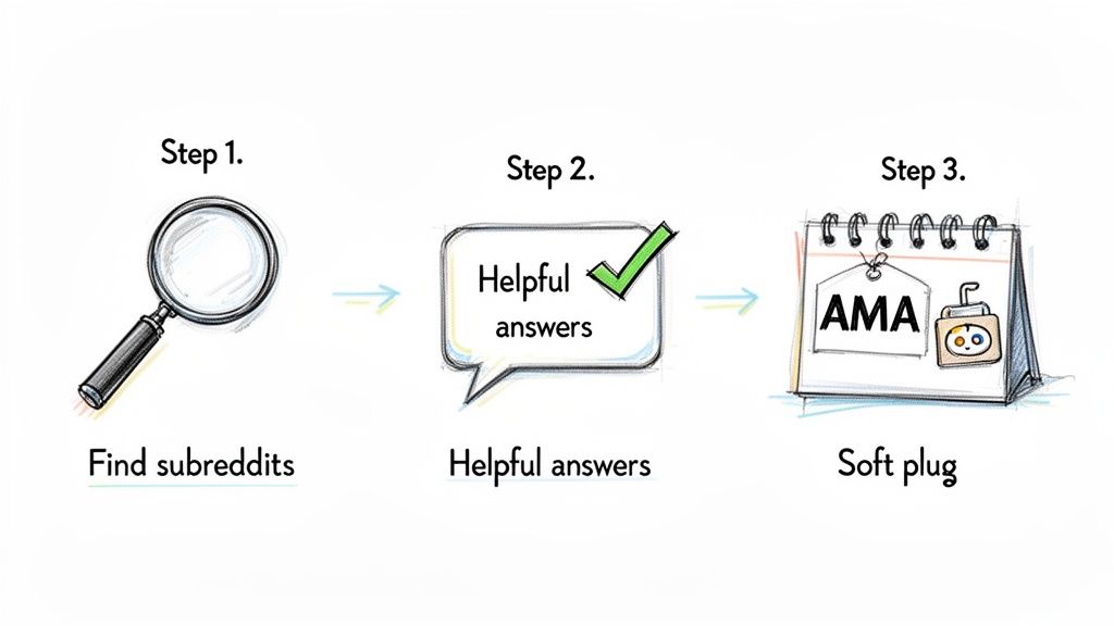 A three-step diagram illustrates a Reddit marketing strategy: find subreddits, provide helpful answers, and perform a soft plug/AMA.