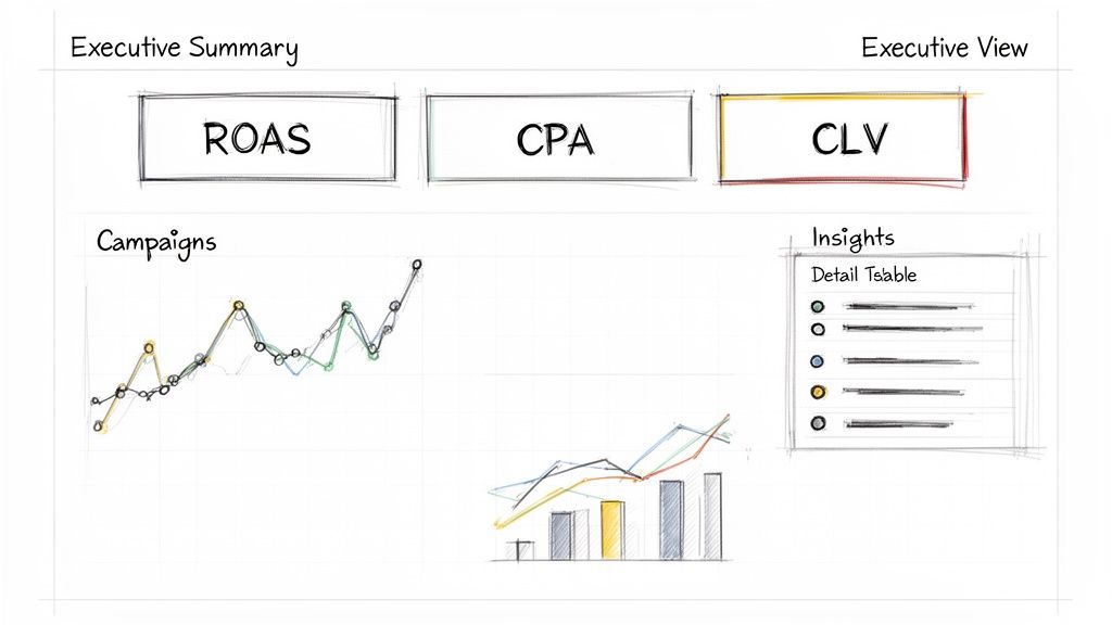 Hand-drawn sketch of a marketing dashboard showing ROAS, CPA, CLV metrics, campaigns charts, and insights table.