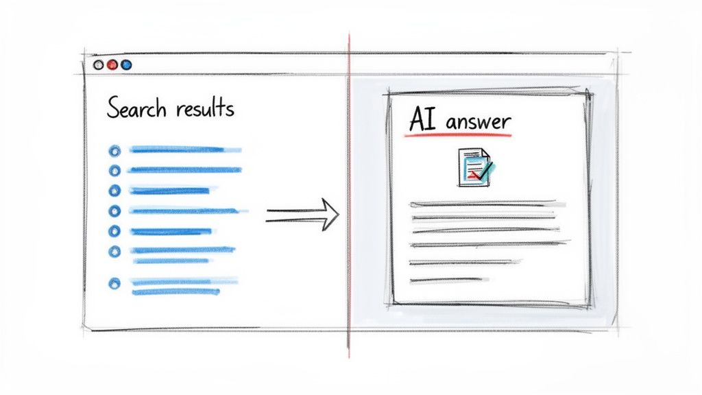 Illustration depicting search results on the left transforming into a concise AI-generated answer on the right.