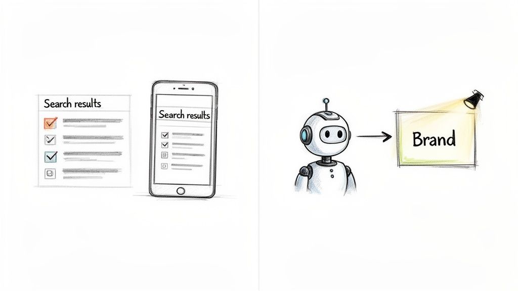 Paper and mobile search results followed by an AI robot spotlighting a brand.