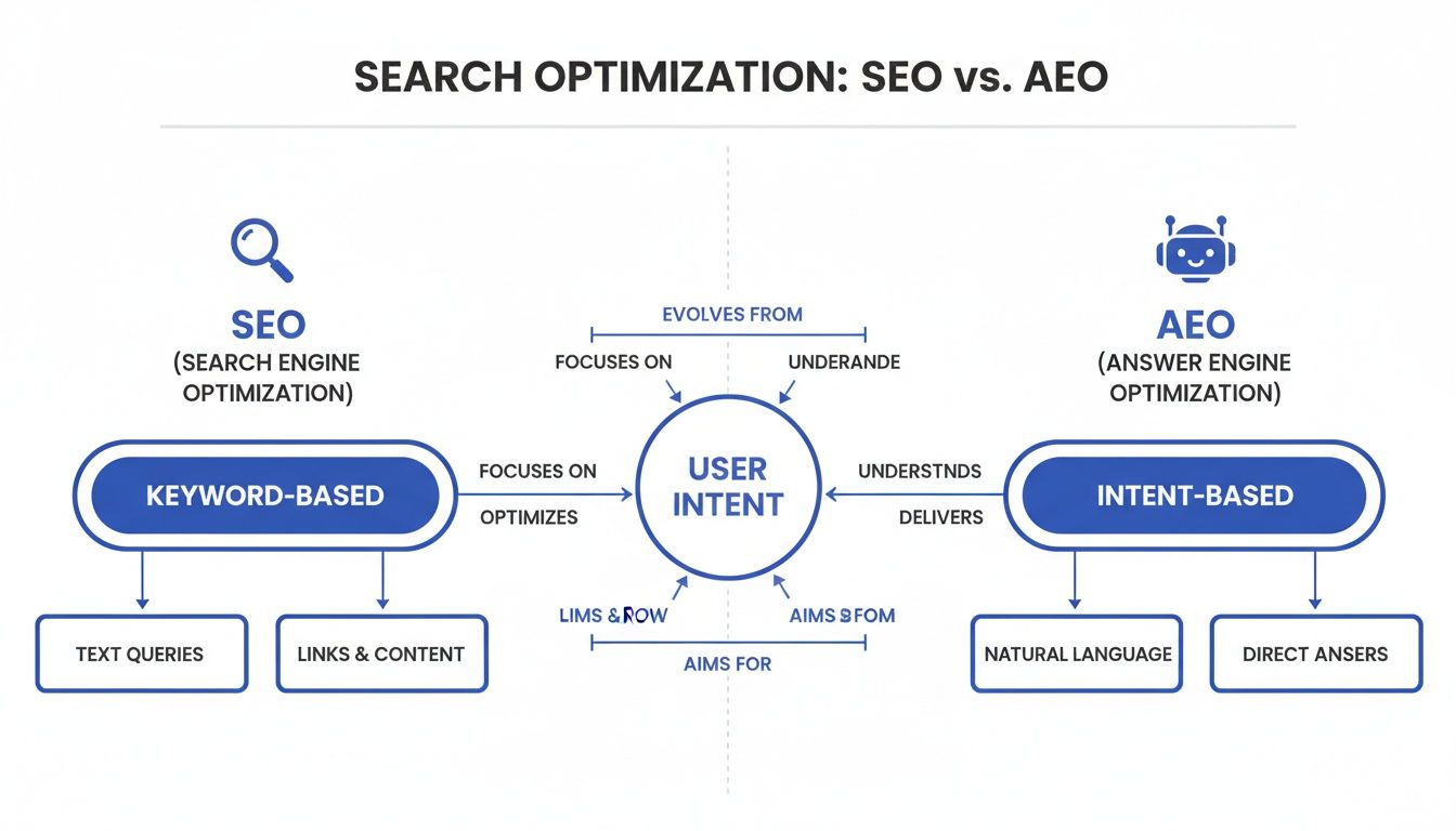 Diagram illustrating the differences and relationships between SEO (Search Engine Optimization) and AEO (Answer Engine Optimization) around user intent.