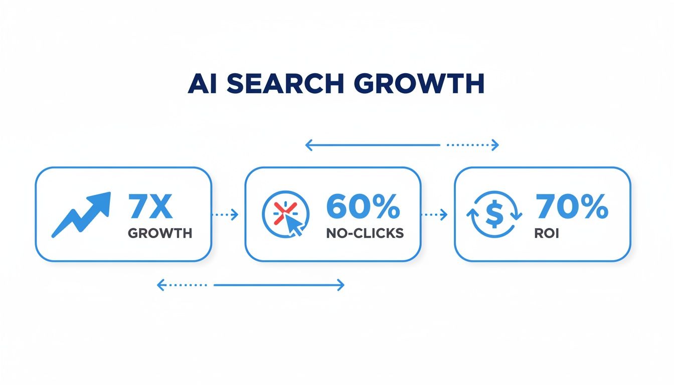 Infographic showing AI search growth leading to 7x growth, 60% no-clicks, and 70% ROI.