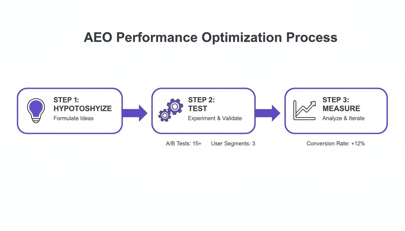 AEO Performance Optimization Process flowchart illustrating three steps: Hypotoshyize, Test, and Measure with key metrics.