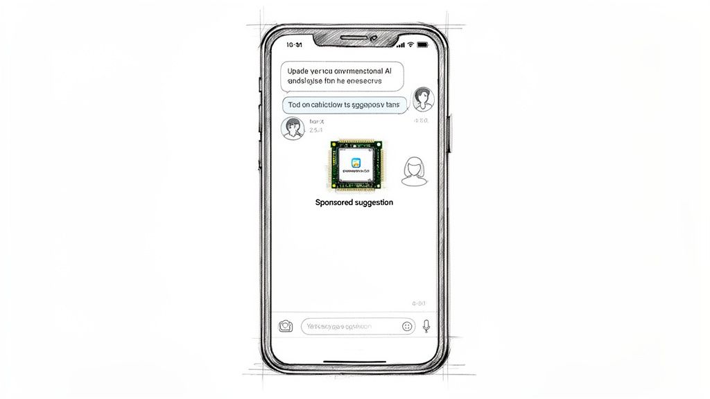 Sketch of a smartphone displaying a chat app with a microchip-themed sponsored ad.