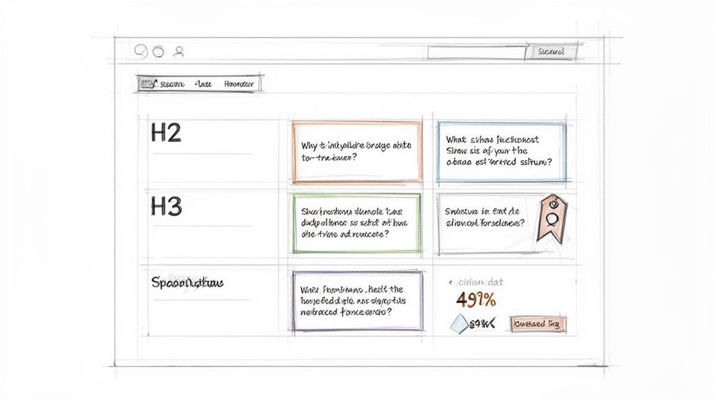 A hand-drawn wireframe sketch of a web application layout with sections, text boxes, and UI elements.