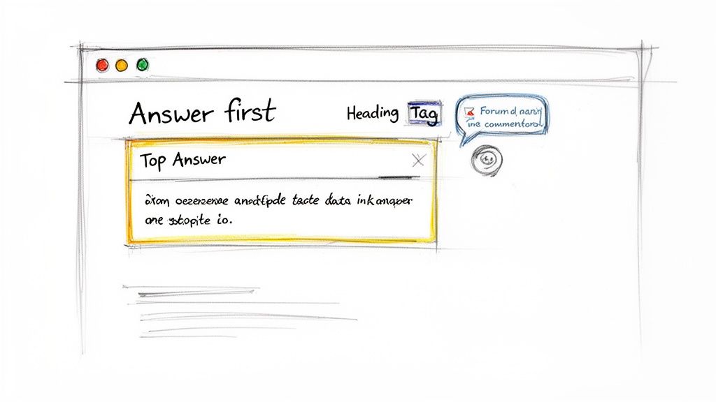 Sketch of an answer engine interface showing a 'Top Answer' and 'Tag' button in a browser window.