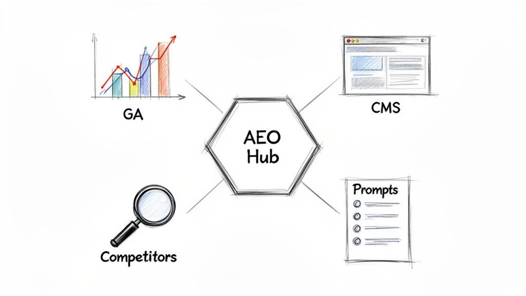 An AEO Hub diagram illustrating its connection to Google Analytics, CMS, competitor analysis, and content prompts.