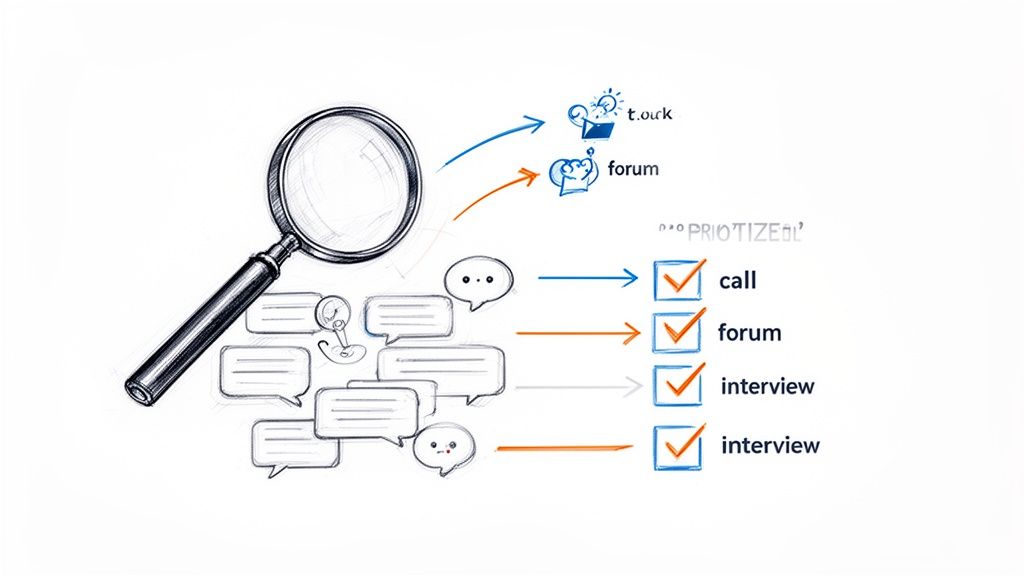 A magnifying glass over chat bubbles leads to categorized and prioritized action items like calls and interviews.