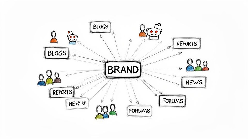 A diagram illustrates a brand at the center, distributing content like blogs, reports, news, and forums to various audiences and platforms.
