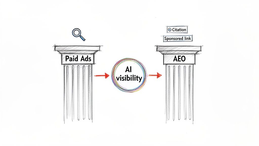 Illustration linking Paid Ads to AEO through AI visibility, highlighting search, citations, and sponsored links.