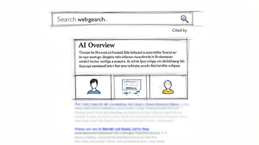 Hand-drawn sketch of a web search results page featuring an AI Overview section and a search bar.