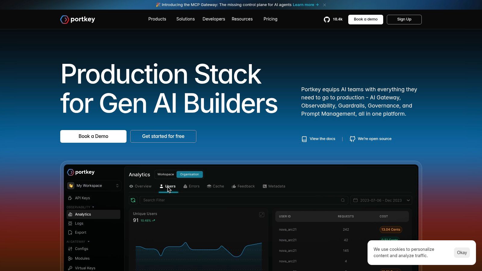 Portkey AI dashboard showing observability and analytics