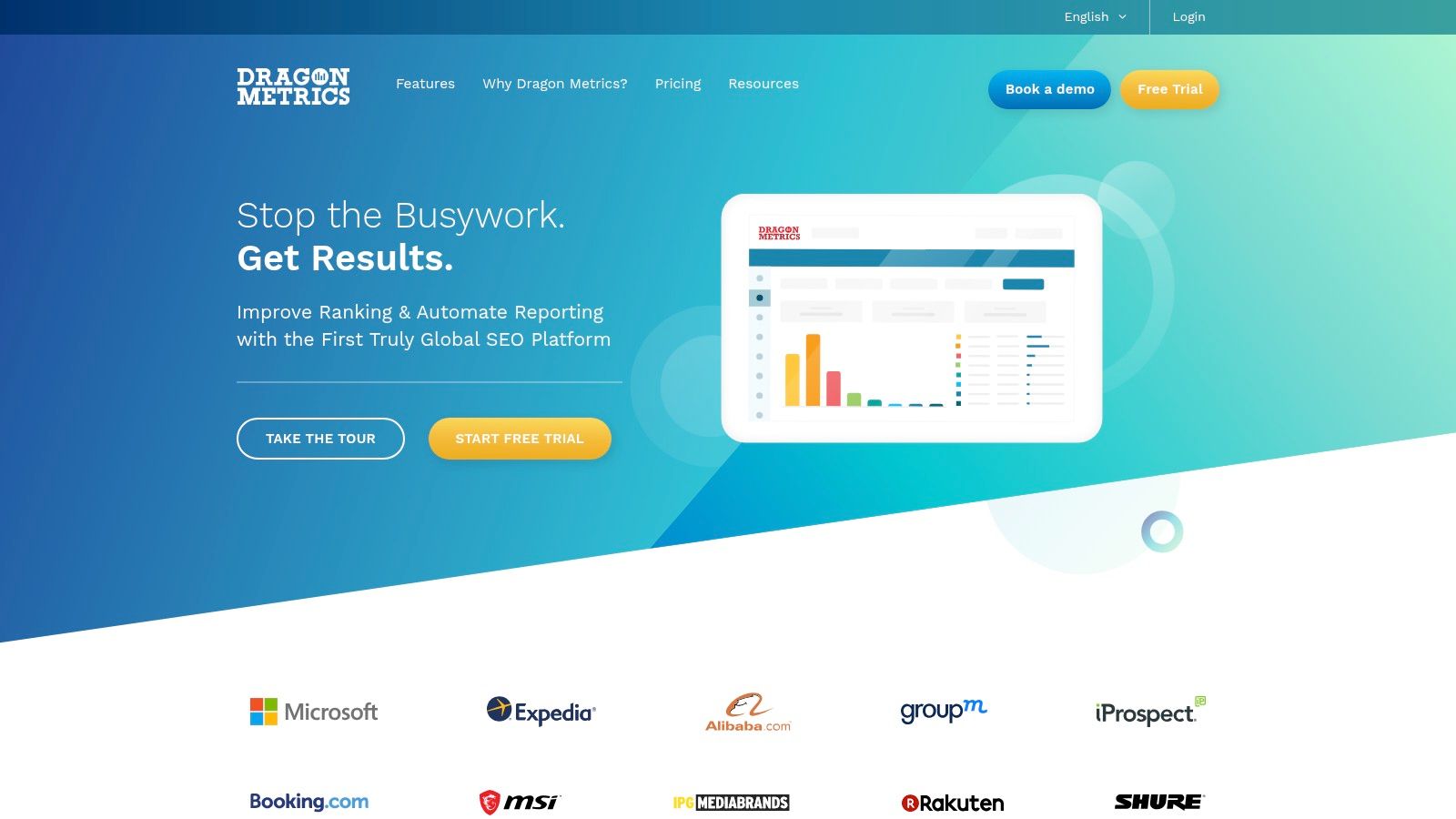 A dashboard view from Dragon Metrics' enterprise rank tracking software, showing keyword performance and ranking distribution.