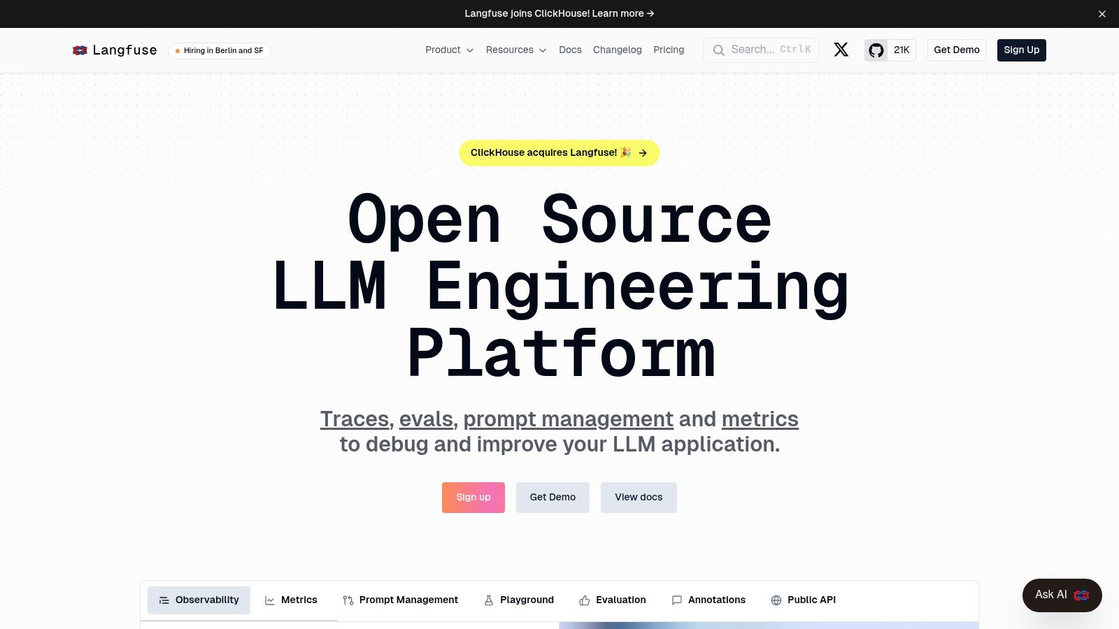 Langfuse dashboard showing LLM application traces and analytics