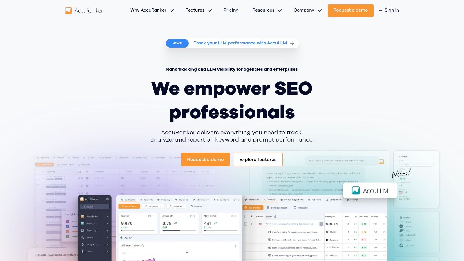 The AccuRanker dashboard displays keyword performance, SERP features, and competitor data in a clean, user-friendly interface.