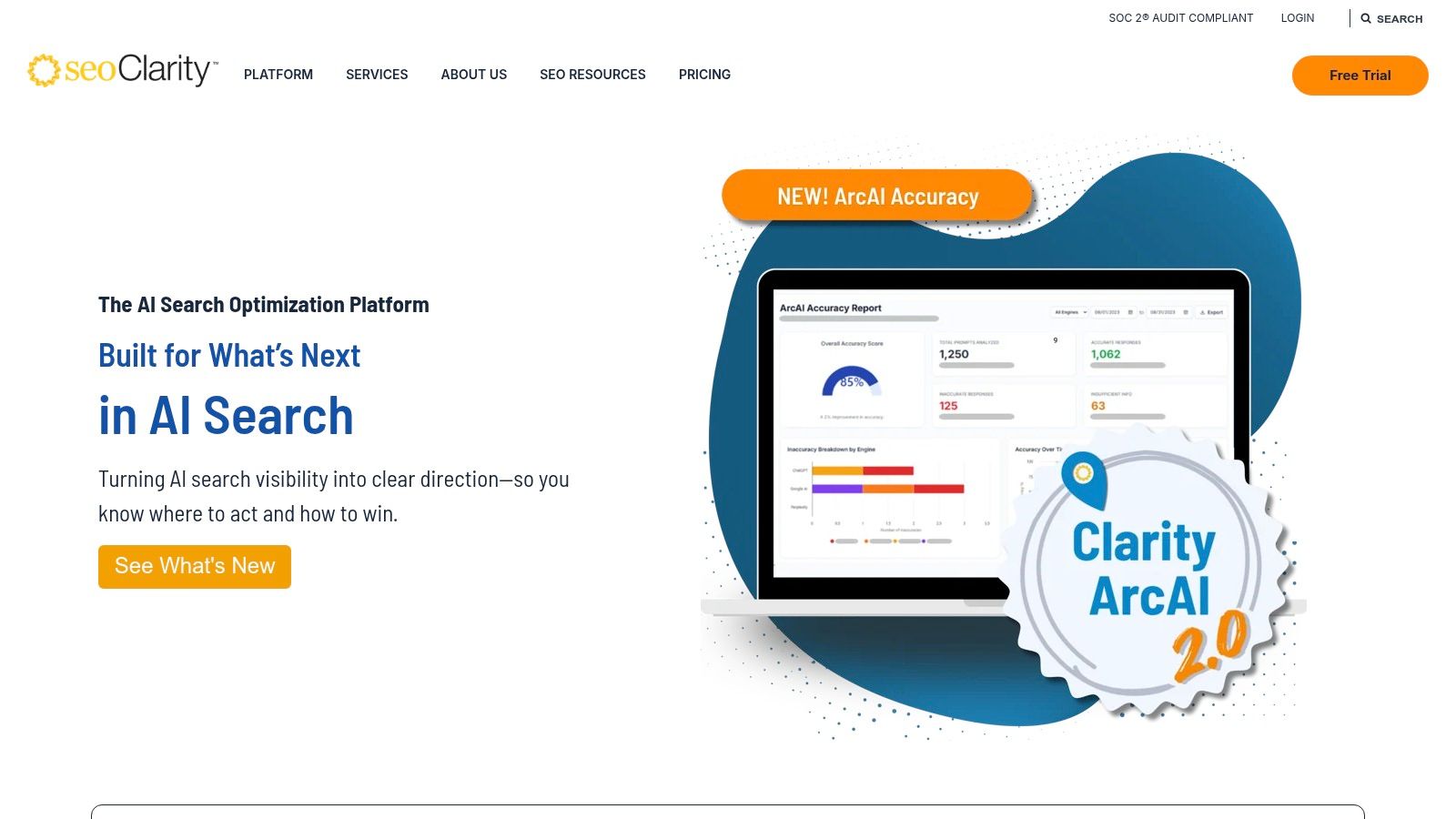 A dashboard view from seoClarity's enterprise rank tracking software, showing AI-driven insights and performance metrics.