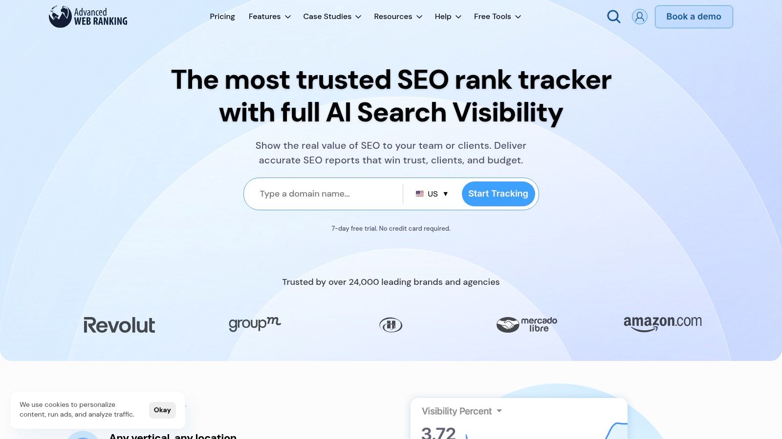 The main dashboard of Advanced Web Ranking (AWR) showing keyword ranking performance and visibility metrics.