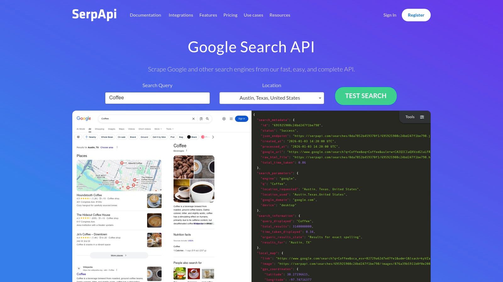 SerpApi JSON results showing structured AI Overview data