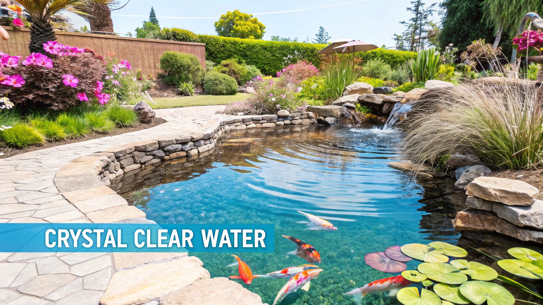 Koi fish swimming in a clear pond, showing the effectiveness of a UV clarifier.