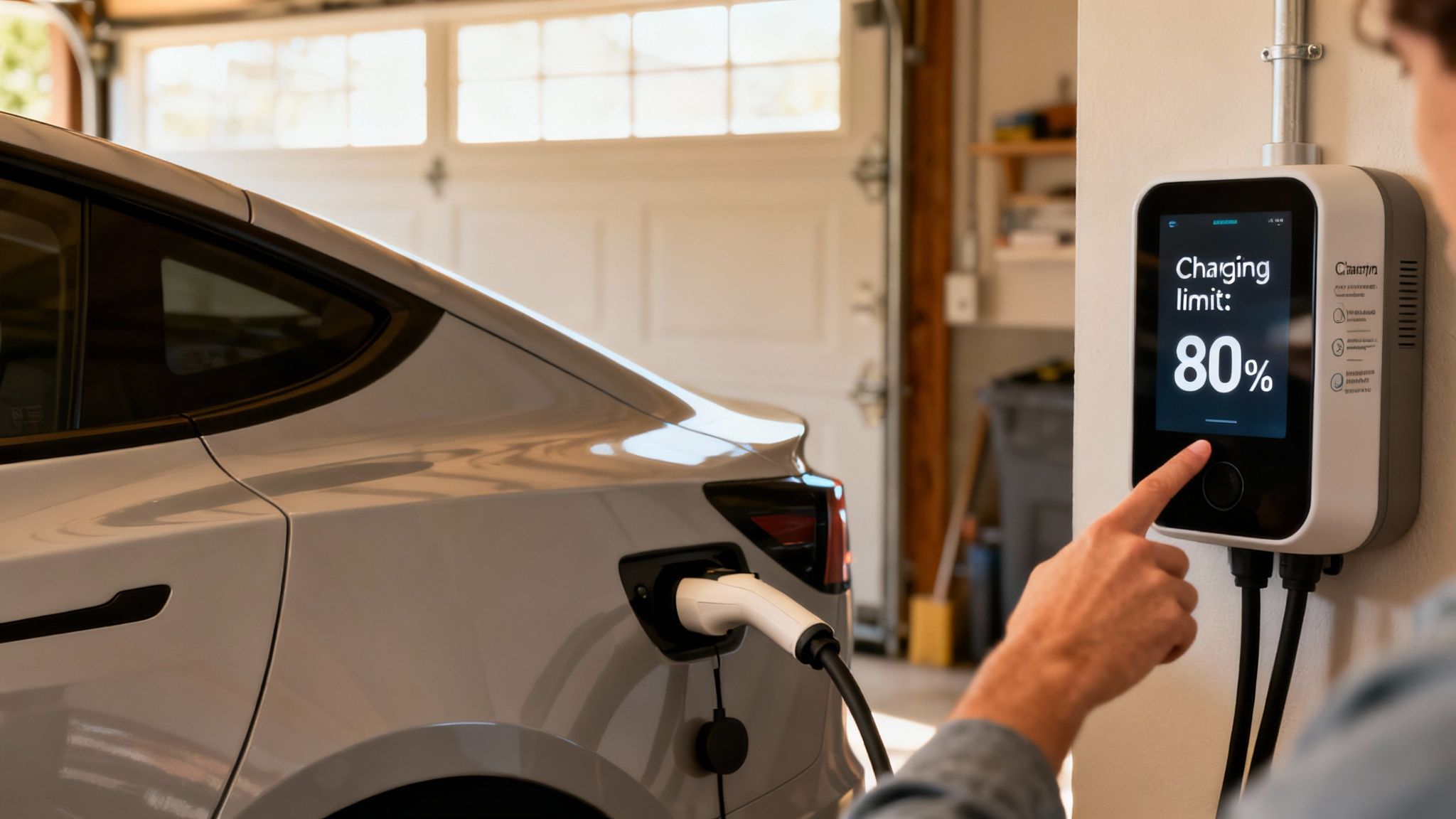 Person sets an electric car's charging limit to 80% on a wall-mounted charger in a garage.