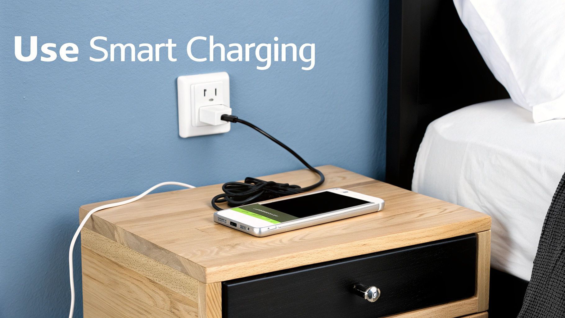 A smartphone is charging on a wooden nightstand, with "Use Smart Charging" text overlay.