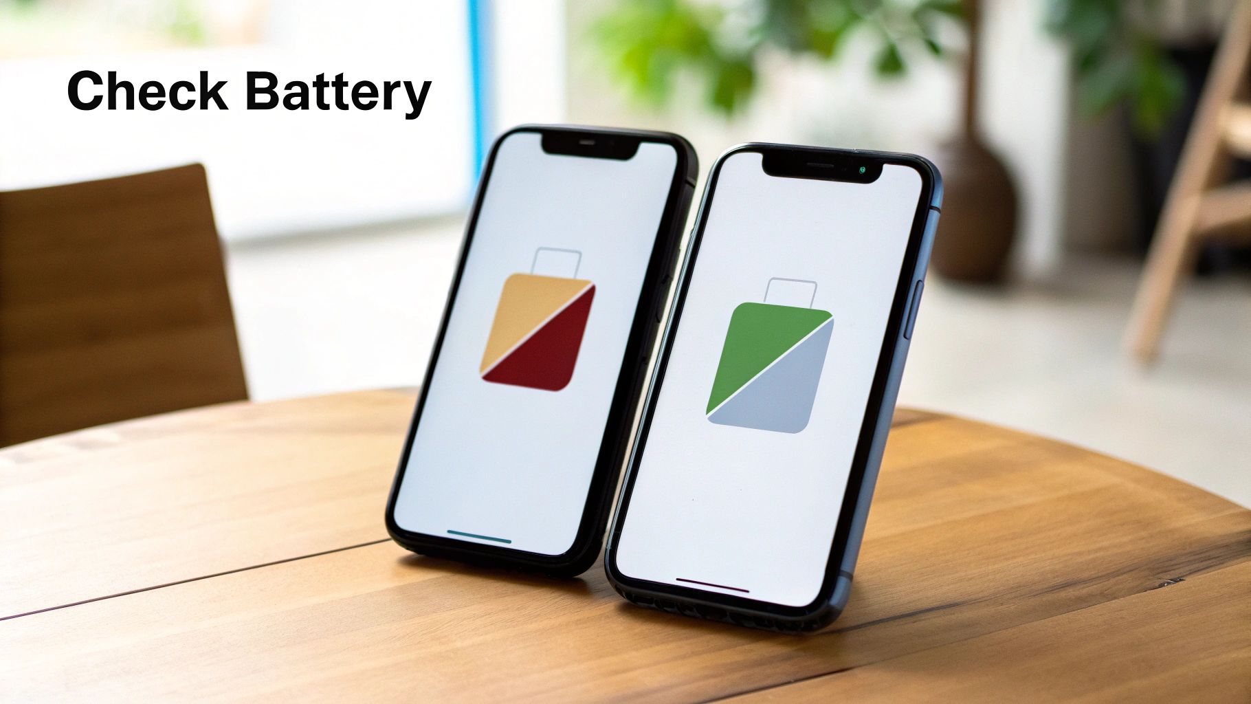 Two smartphones displaying battery status icons showing low and full charge levels on wooden table
